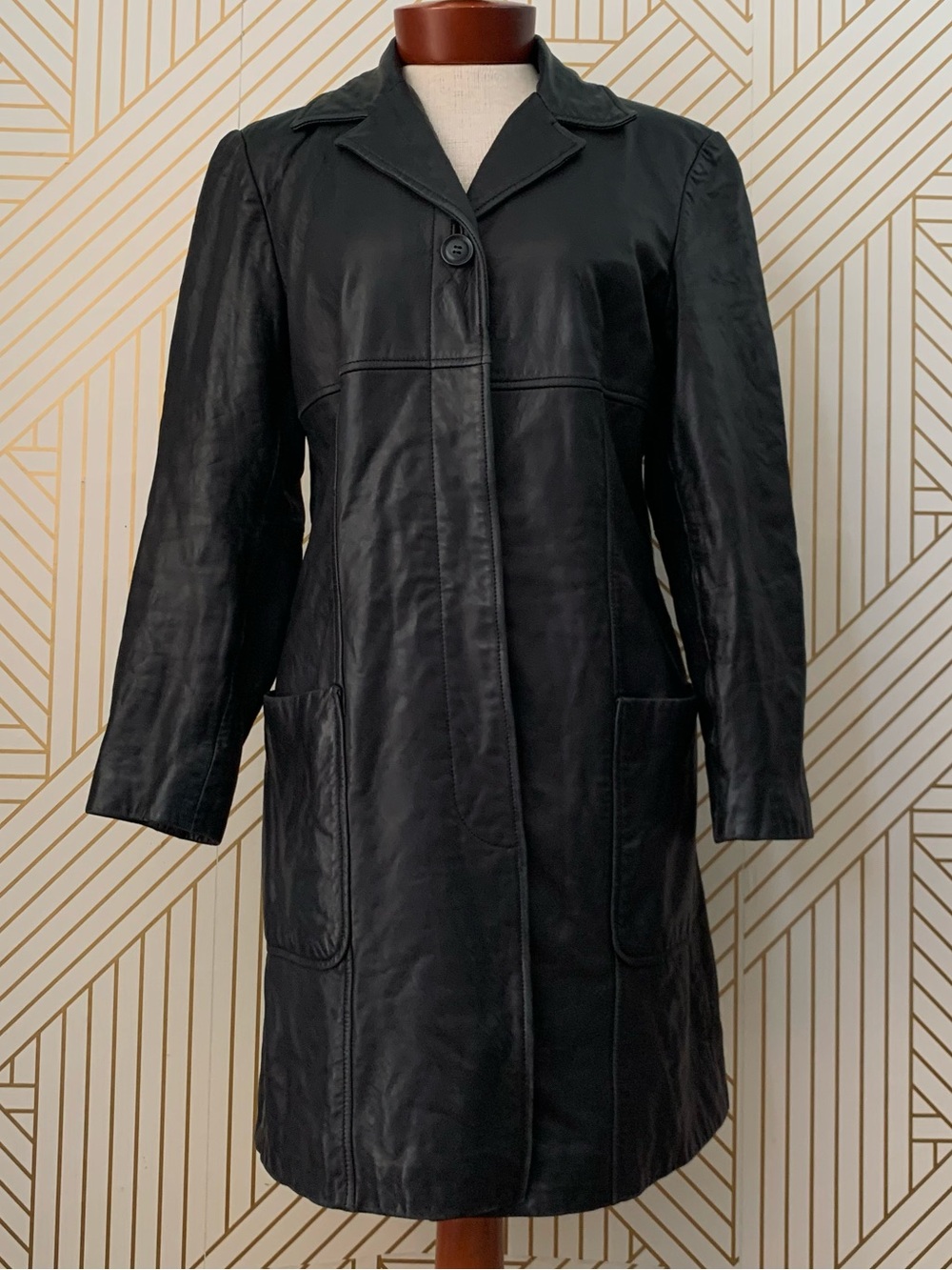 Express Vintage Genuine Leather VTG Trench Coat Jacket Y2K 90s 2000s S Black